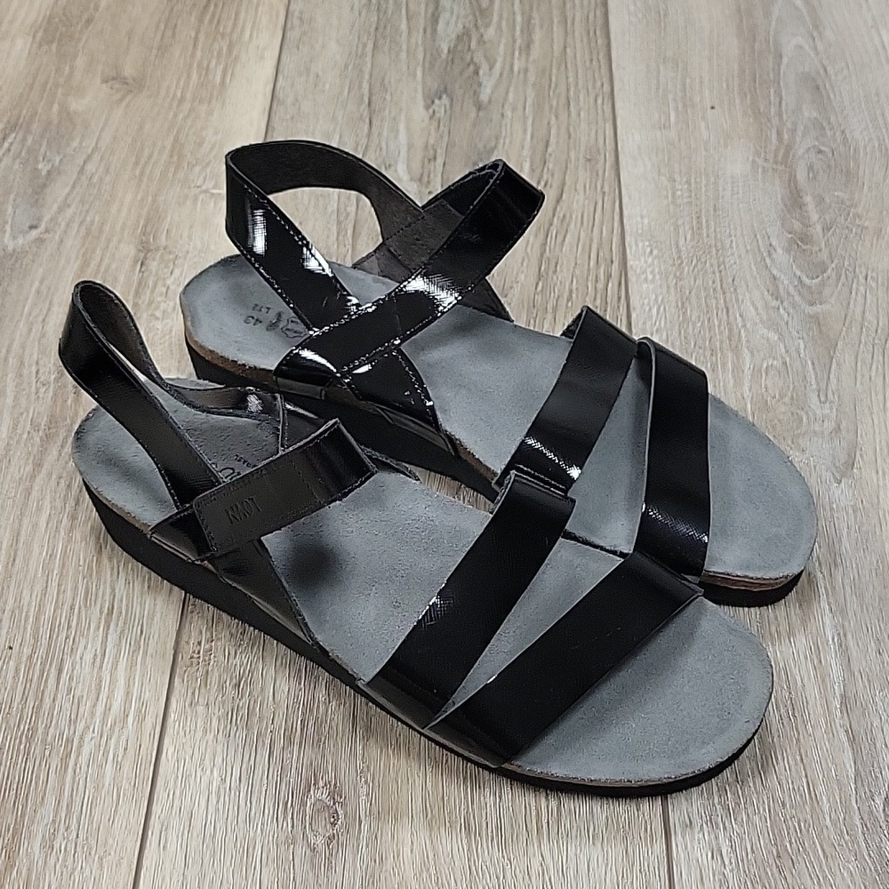 Naot Size 12 Black Patent Kayla Wedge Sandals NEW